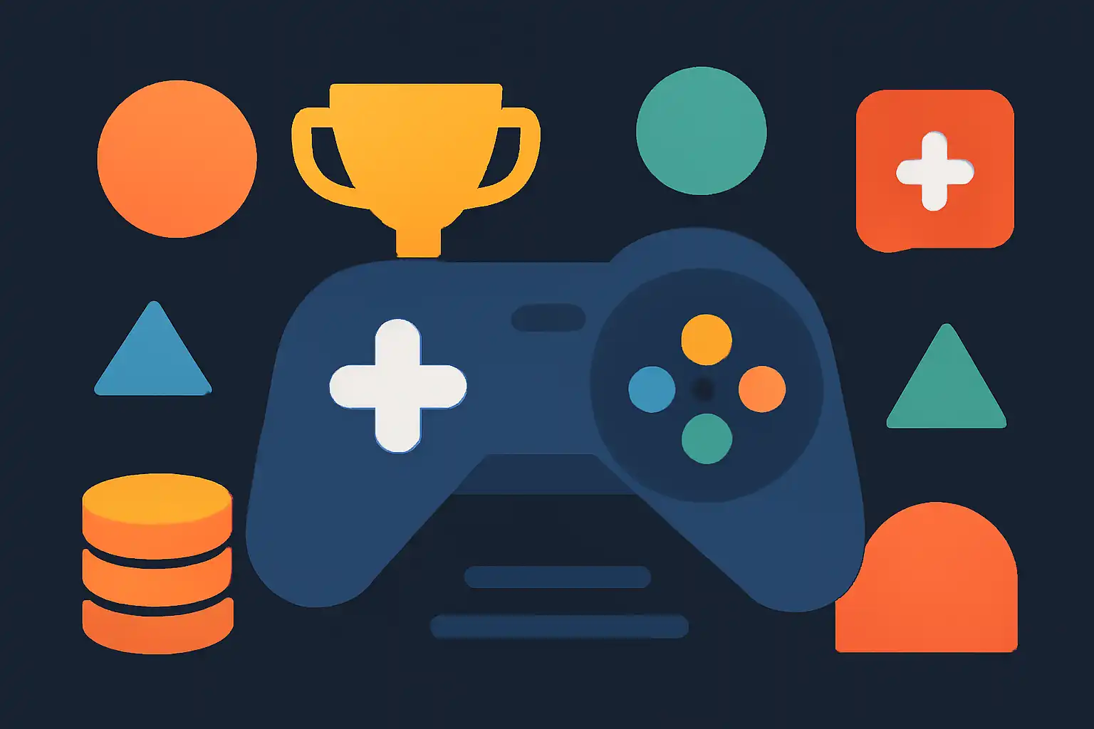 Hero illustration: Jai Win, modern flat design, dark background, brand-neutral, icons and shapes only, no text
