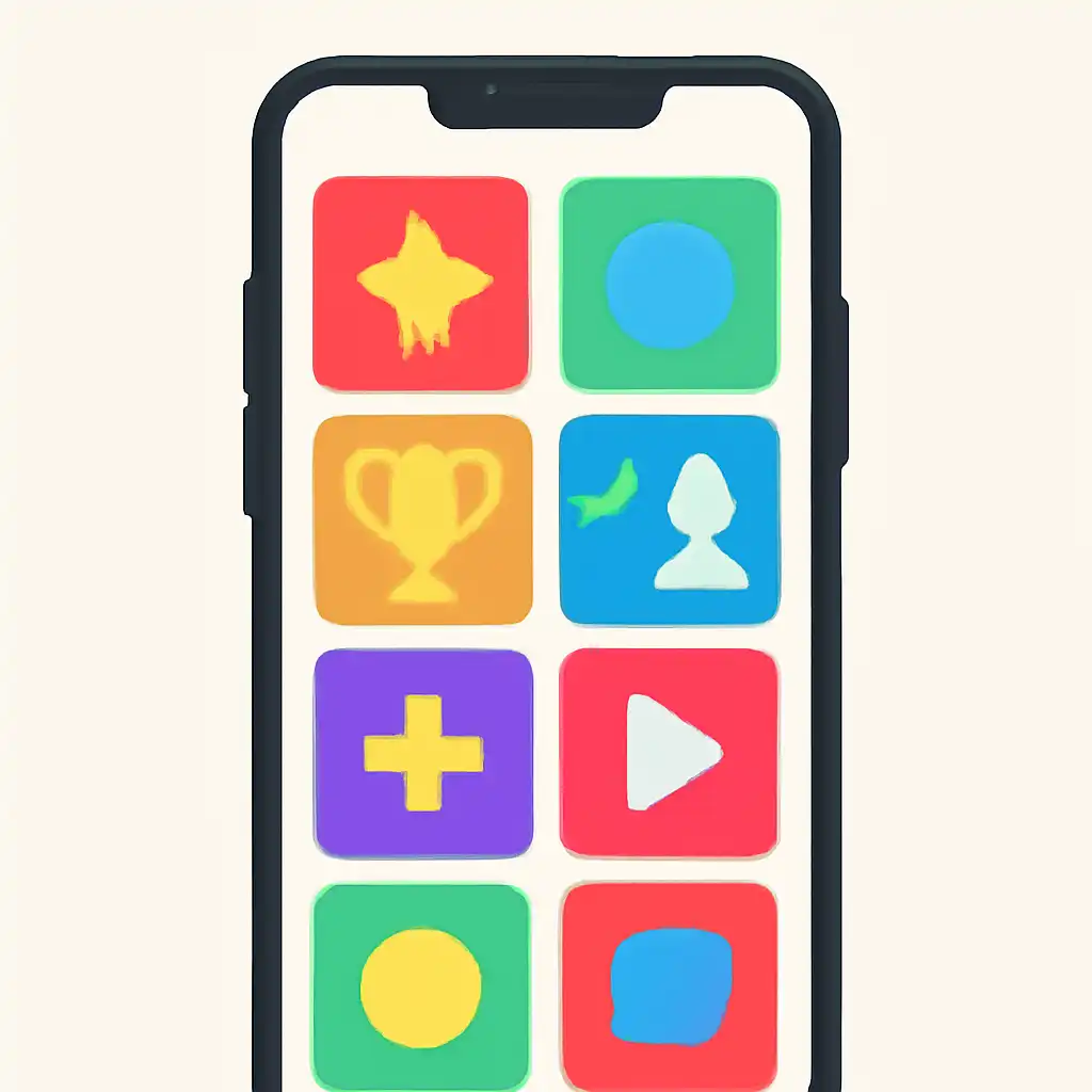 Smartphone shown from the front displaying a colourful flat layout of abstract game icons and rounded tiles (no text, no letters, no labels), Jai Win