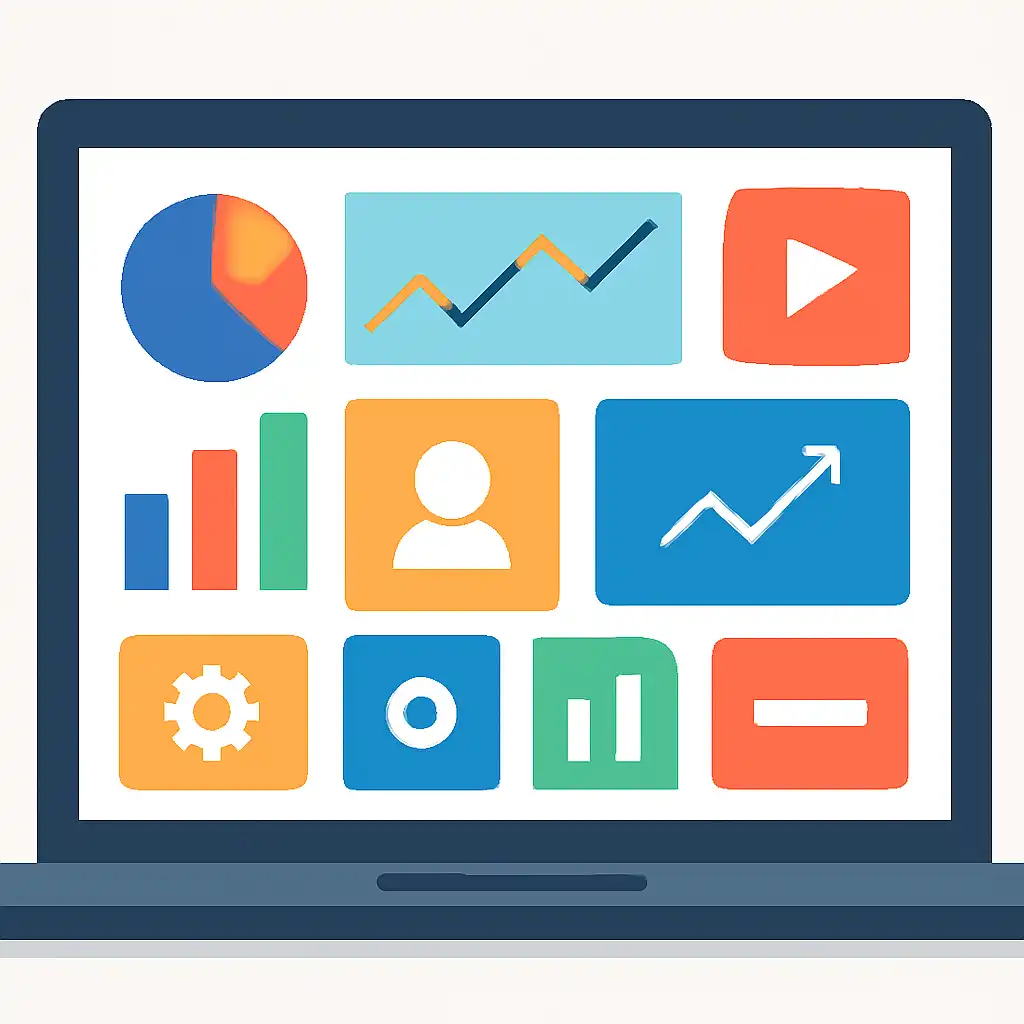 Laptop shown from the front displaying a colourful flat dashboard of abstract charts, bars and icon tiles (no text, no letters, no labels), Jai Win