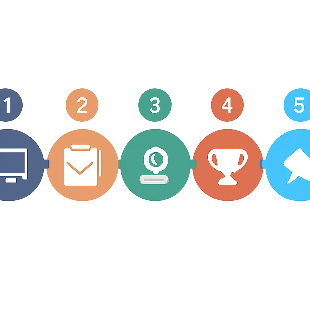 Five numbered circular icons connected by arrows in a horizontal flow, flat illustration, icons only, no words, Jai Win steps